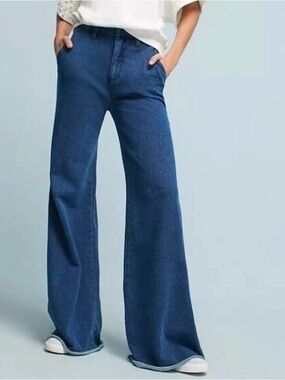 Anthropologie Dark Blue Wide-Leg Flare Jeans Soft 100% Cotton